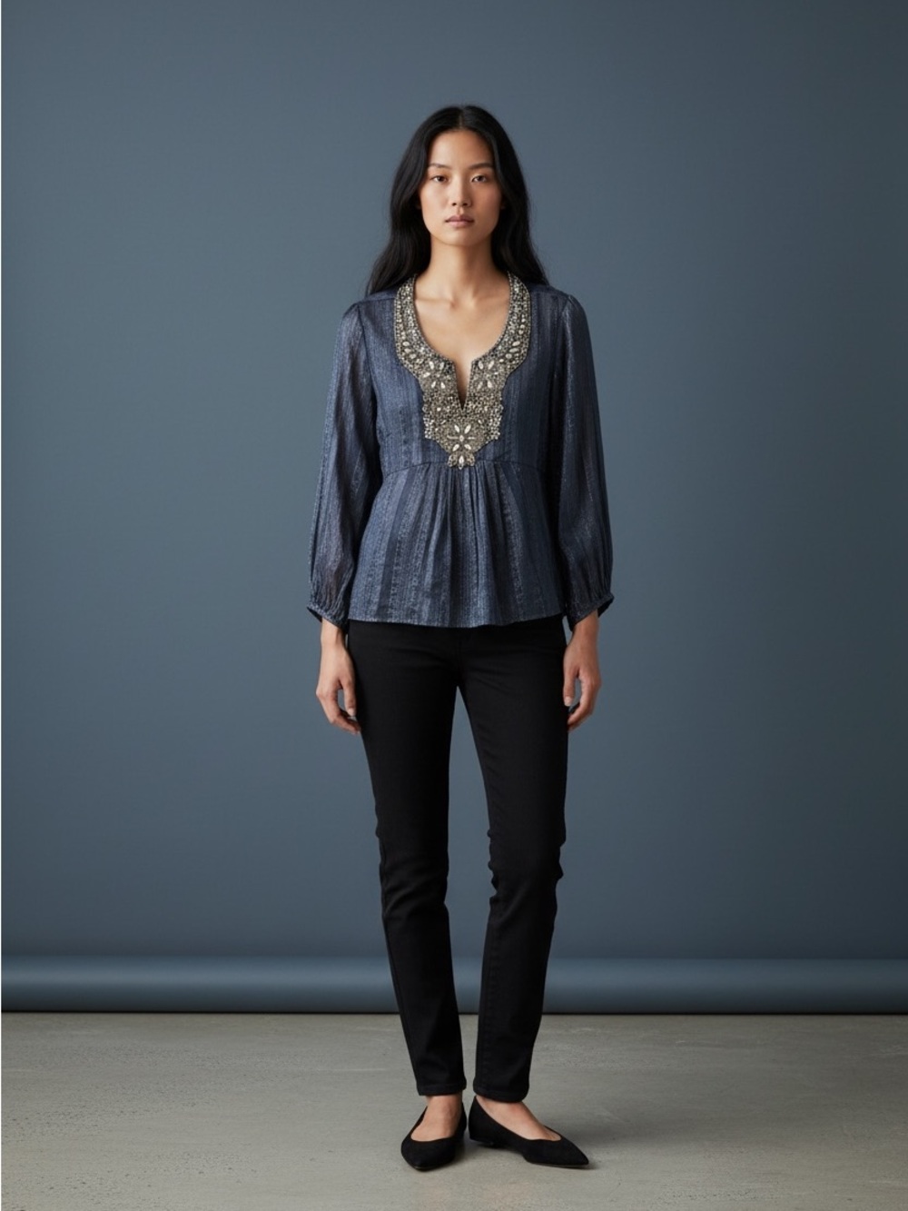 Lafayette 148 Navy Bedazzled Blouse